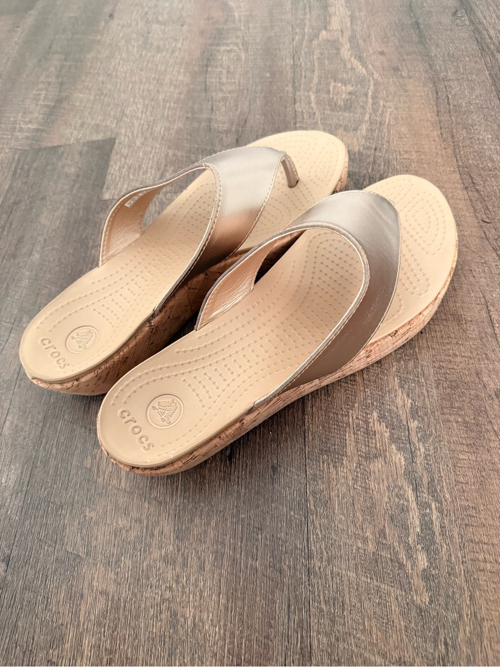 CROCS Women's Metallic Bronze Cork Wedge Thong Sandals